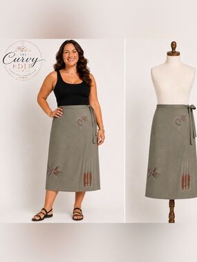 Maggie Barnes Olive Wrap Midi Skirt Plus Size 20W Artsy Boho Lightweight Chic
